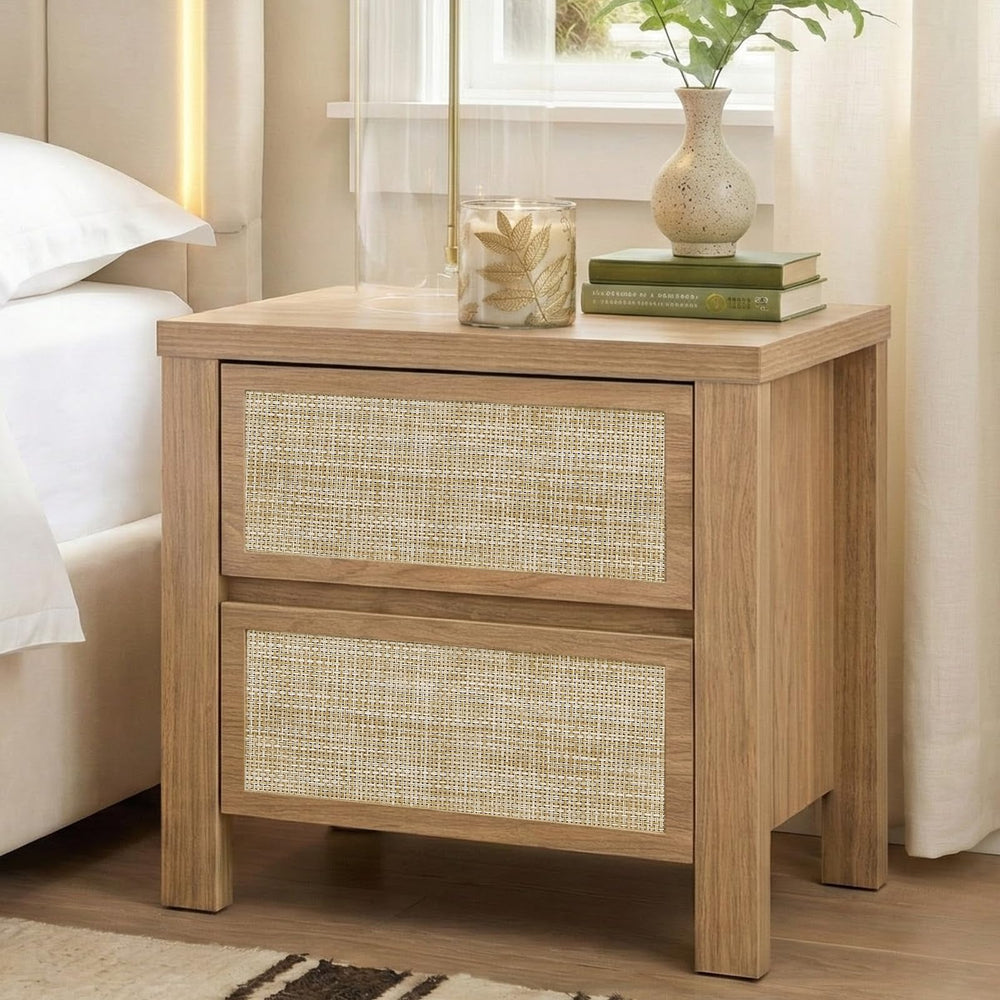 Handmade Rattan Bedside Table Set in Natural Walnut
