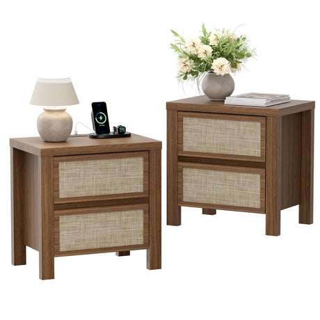 Handmade Rattan Bedside Table Set in Natural Walnut