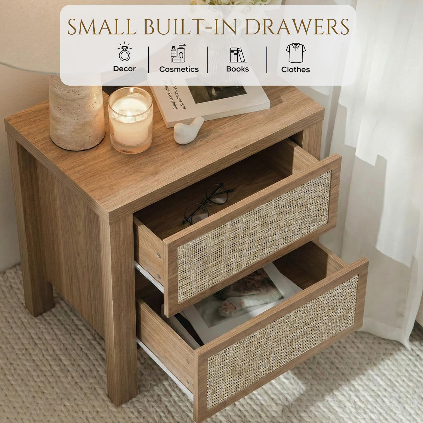 Handmade Rattan Bedside Table Set in Natural Walnut