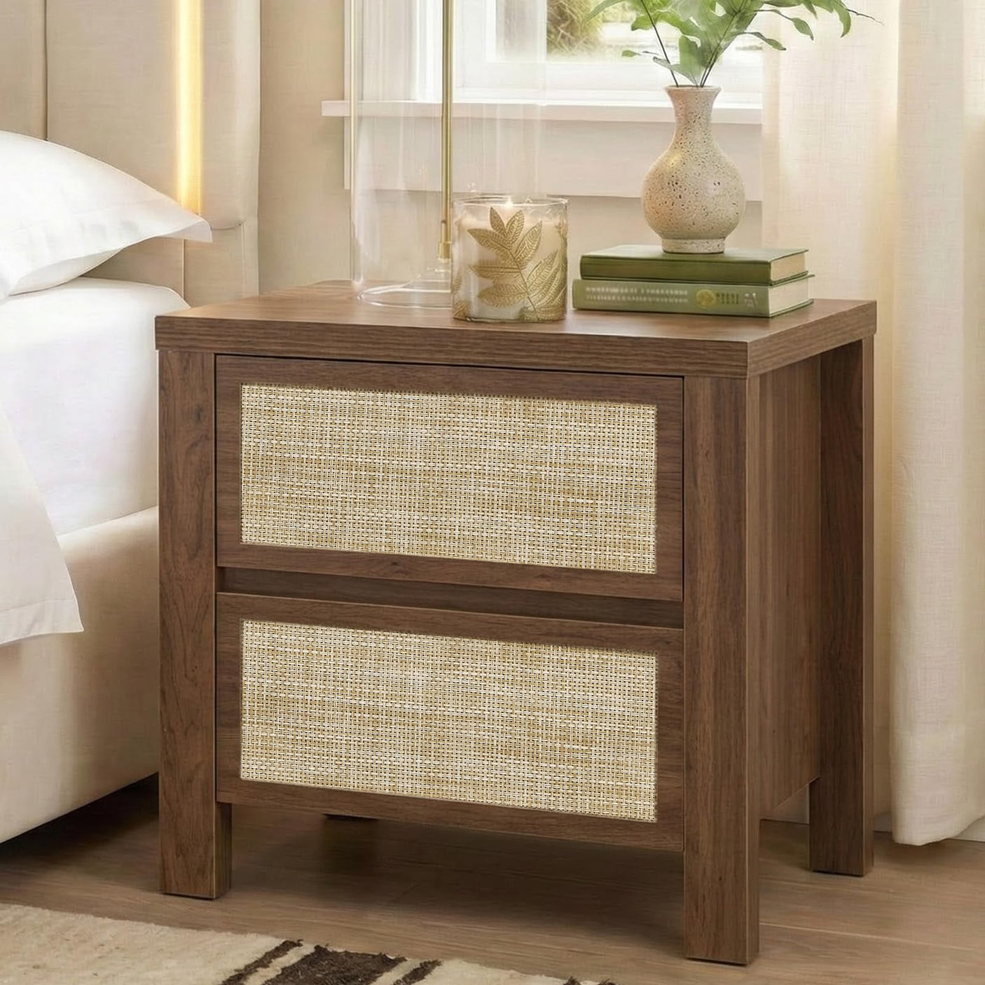 Handmade Rattan Bedside Table Set in Natural Walnut