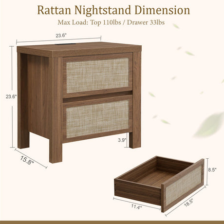 Handmade Rattan Bedside Table Set in Natural Walnut