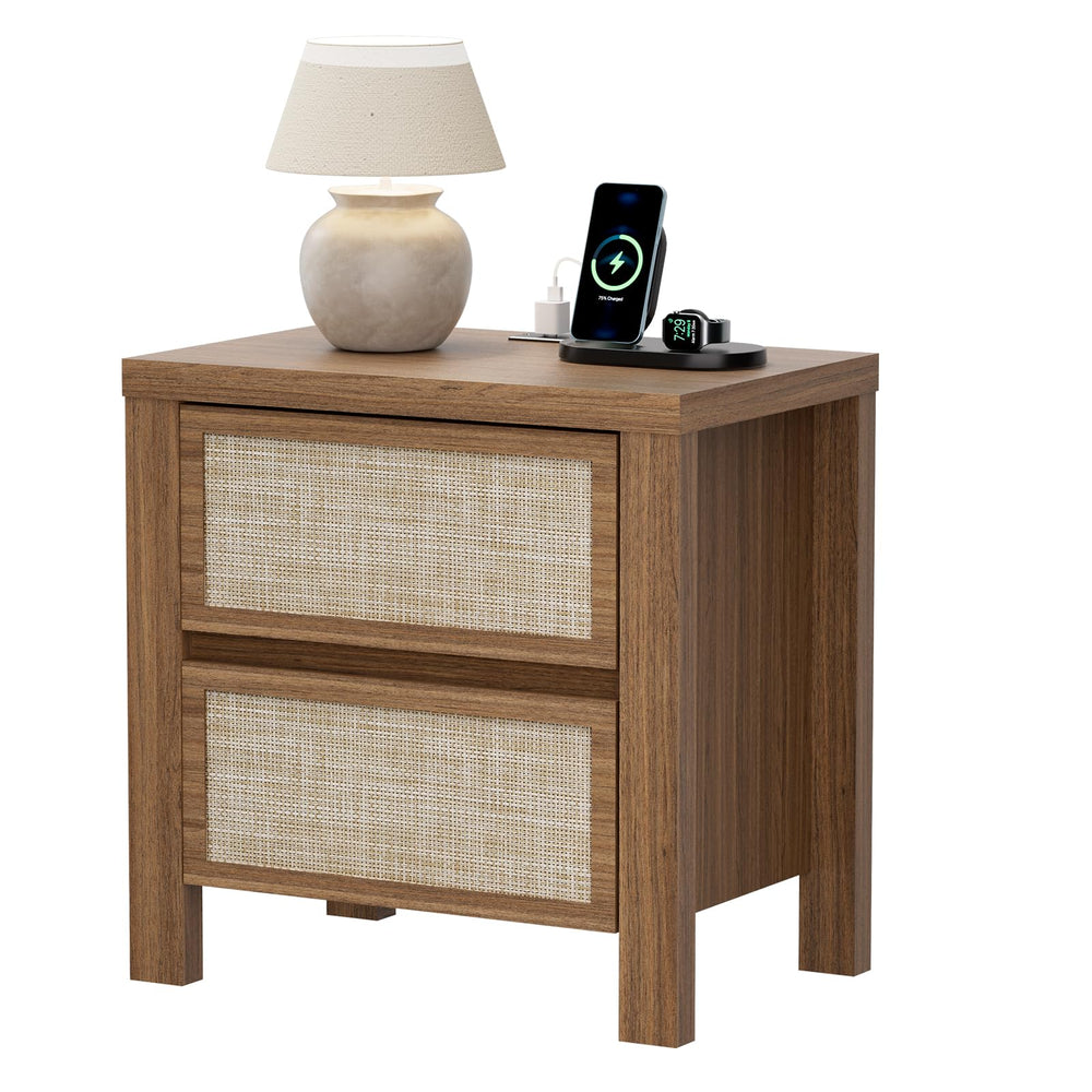 Handmade Rattan Bedside Table Set in Natural Walnut