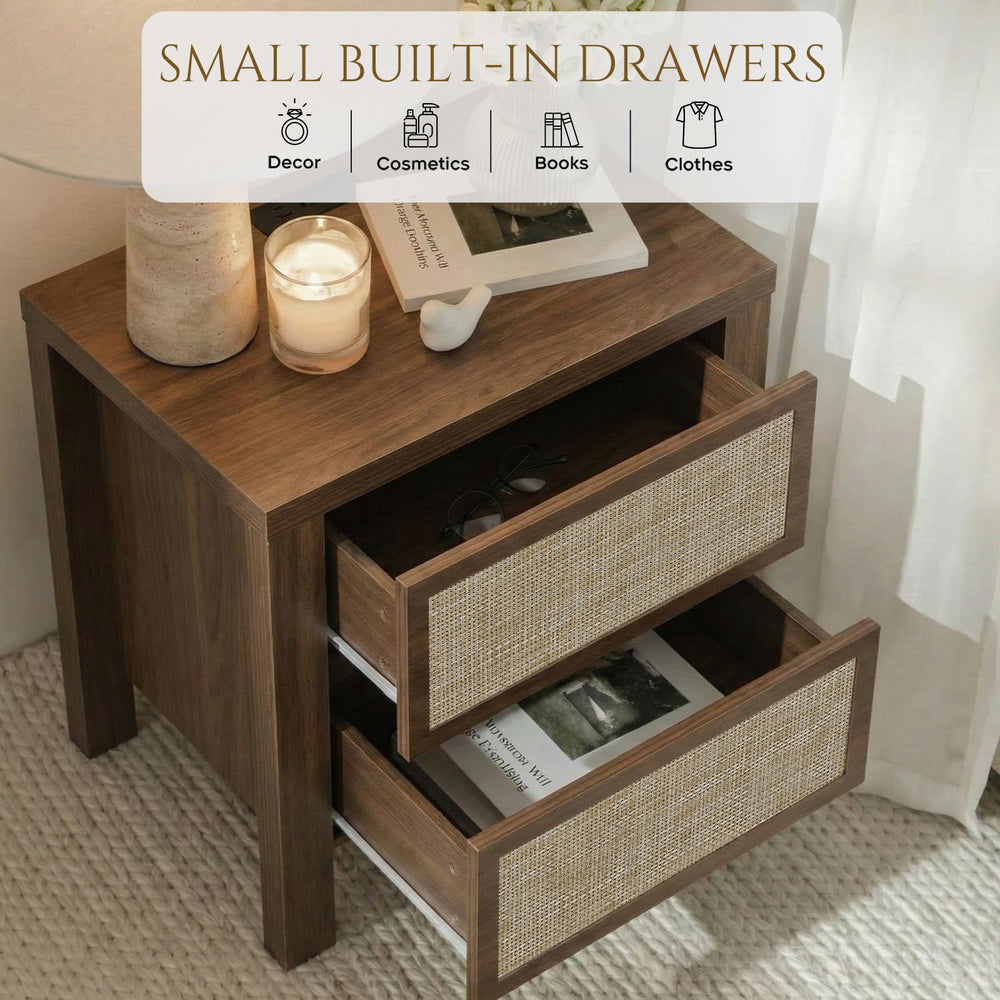 Handmade Rattan Bedside Table Set in Natural Walnut