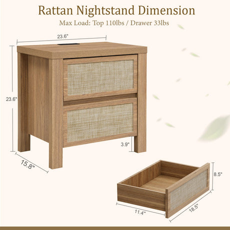 Handmade Rattan Bedside Table Set in Natural Walnut