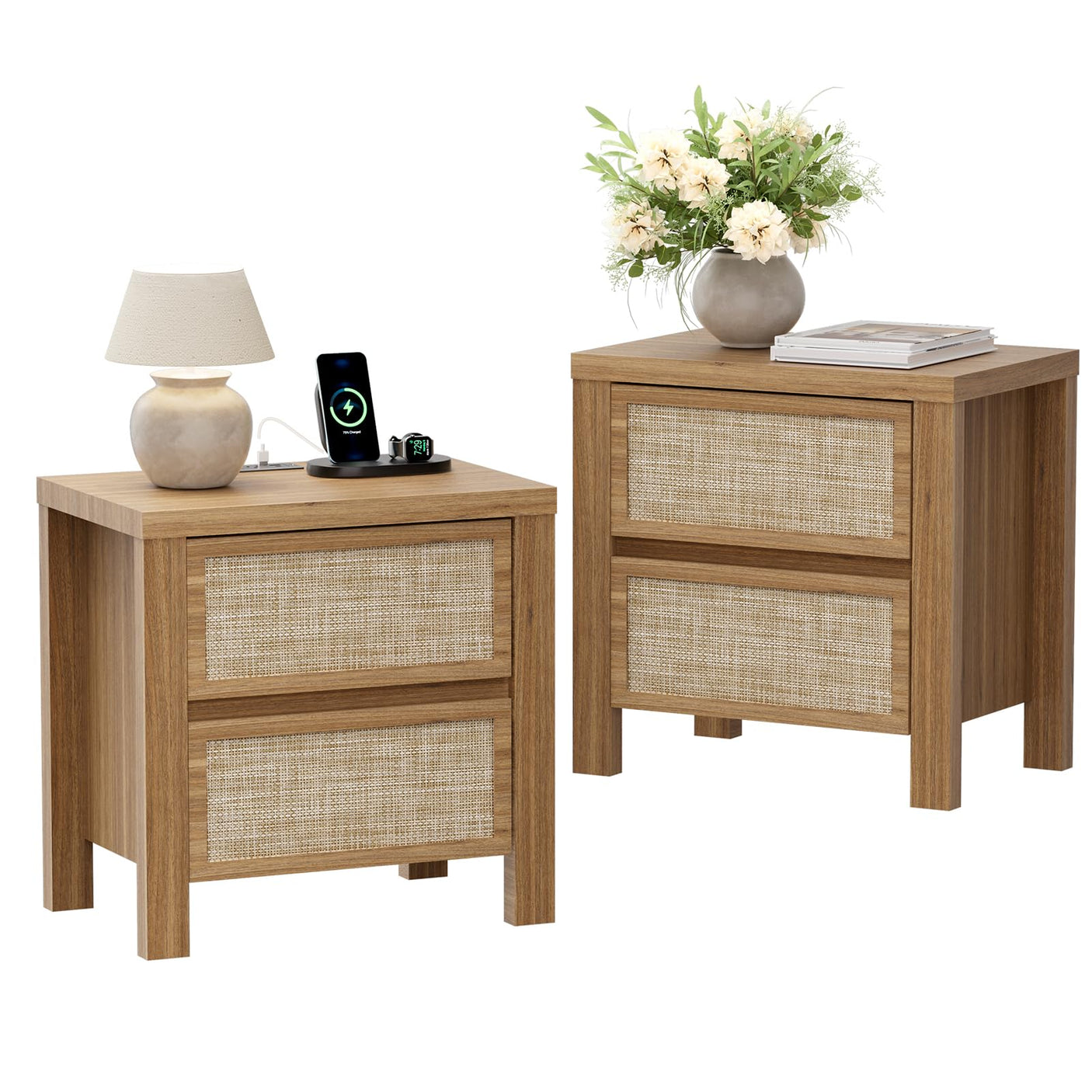 Handmade Rattan Bedside Table Set in Natural Walnut