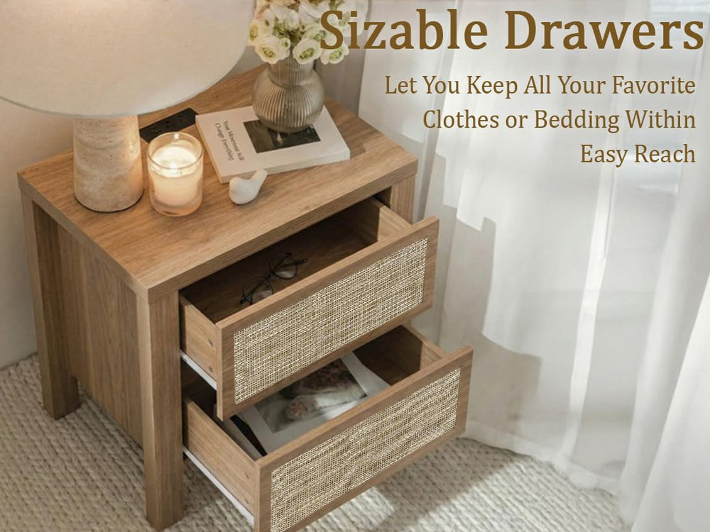 Handmade Rattan Bedside Table Set in Natural Walnut