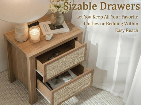 Handmade Rattan Bedside Table Set in Natural Walnut
