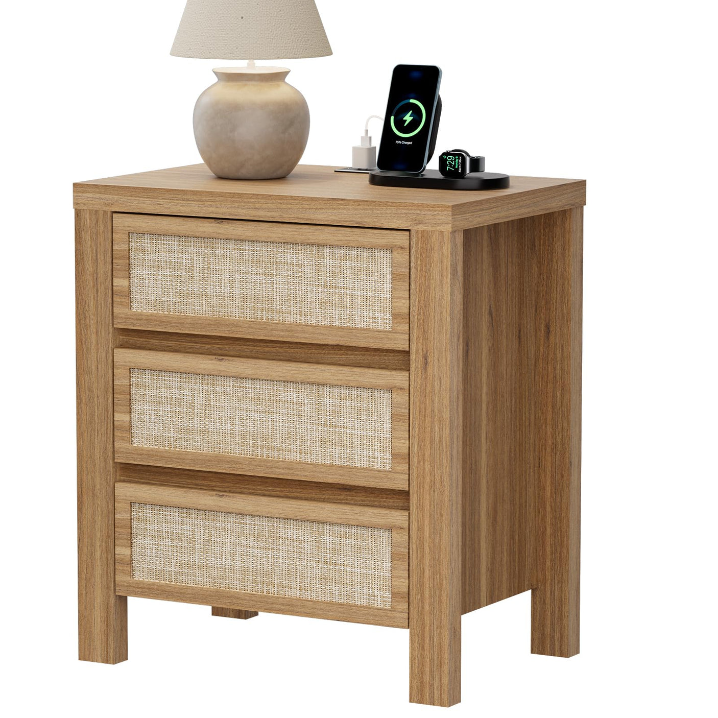 Handmade Rattan Bedside Table Set in Natural Walnut