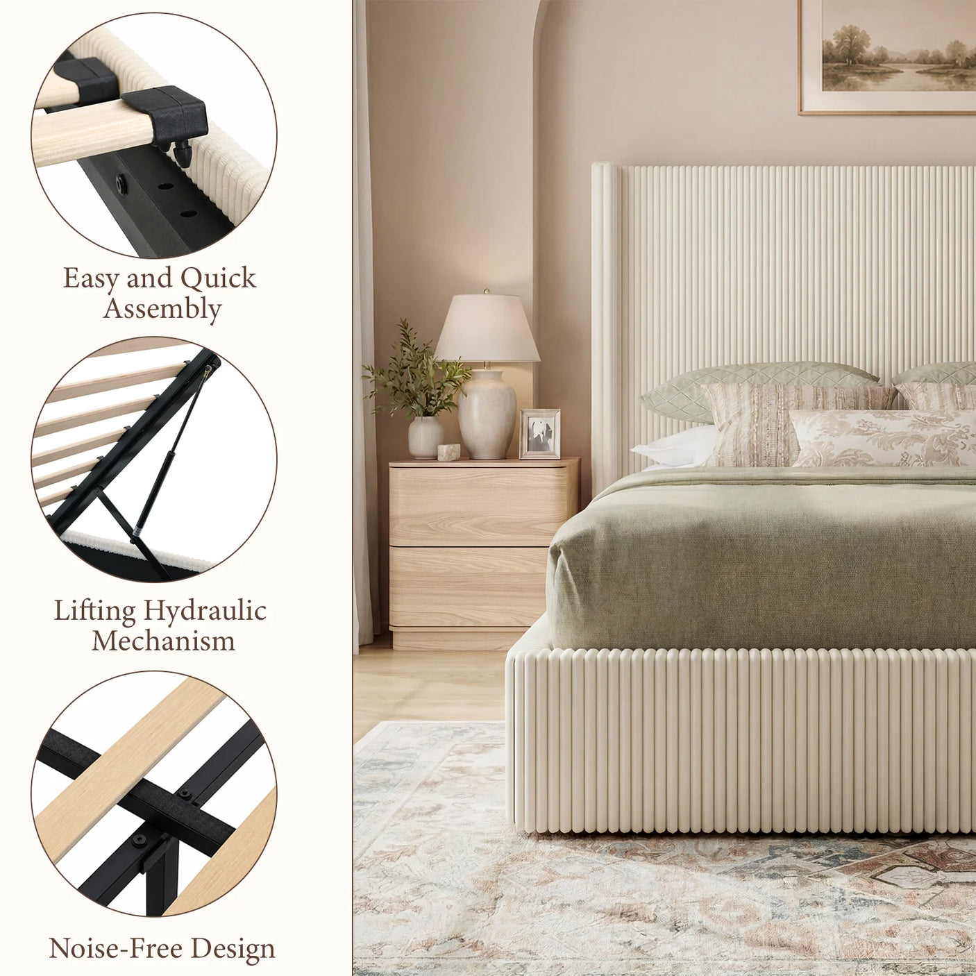 Yechen Bed Frame with Lift Up Storage, Corduroy Upholstered Platform Bed with 51.2" Tall Wingback Headboard, No Box Spring Needed | Beige