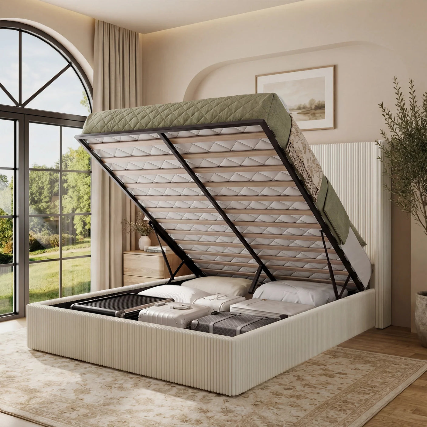 Yechen Bed Frame with Lift Up Storage, Corduroy Upholstered Platform Bed with 51.2" Tall Wingback Headboard, No Box Spring Needed | Beige