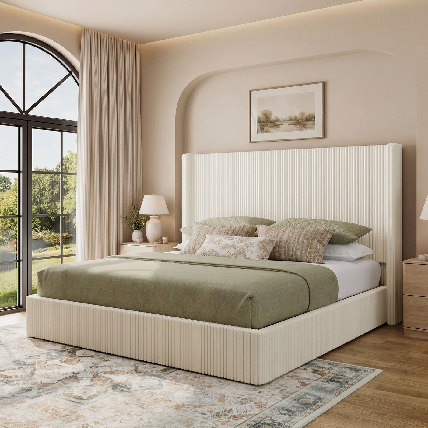 Yechen Bed Frame with Lift Up Storage, Corduroy Upholstered Platform Bed with 51.2" Tall Wingback Headboard, No Box Spring Needed | Beige