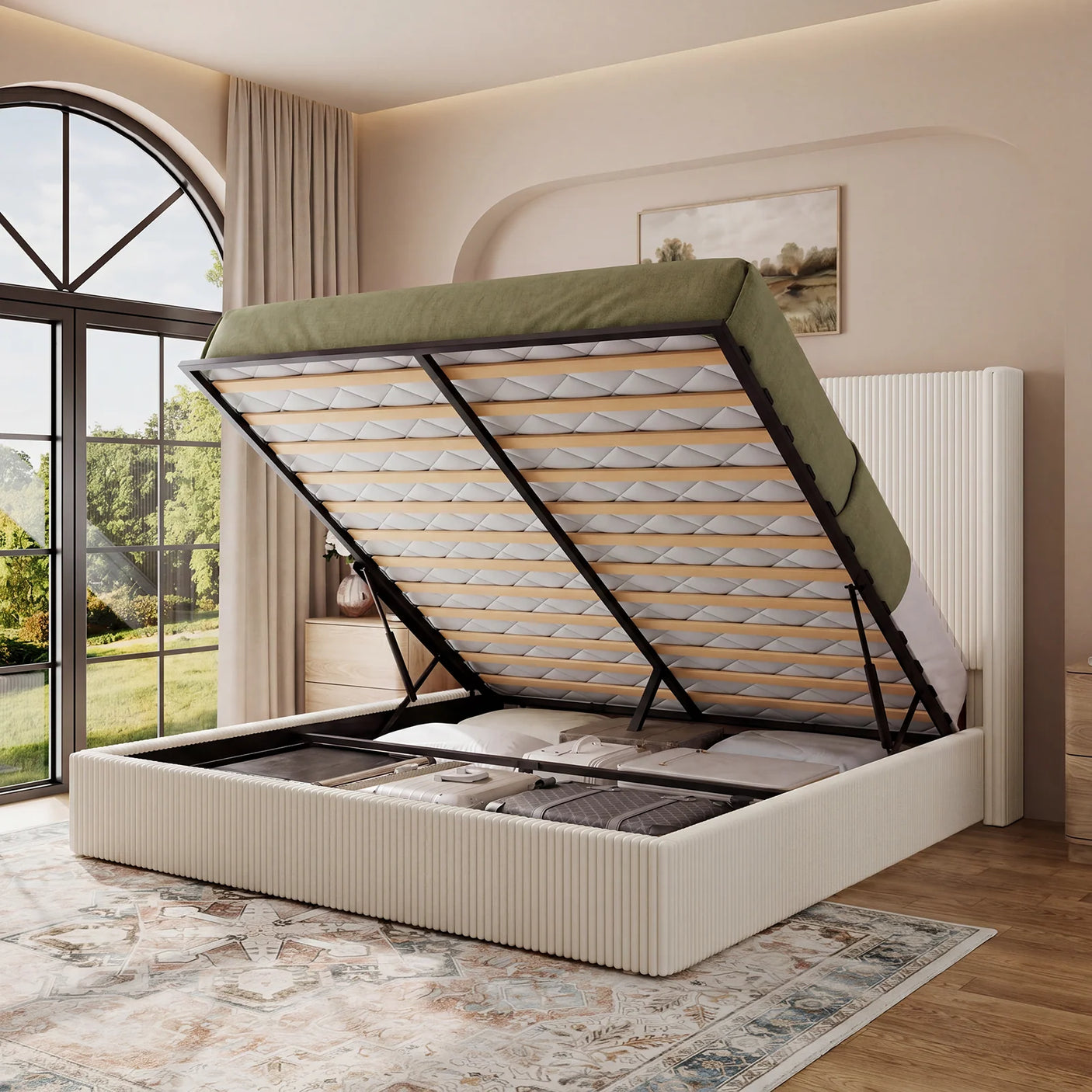 Yechen Bed Frame with Lift Up Storage, Corduroy Upholstered Platform Bed with 51.2" Tall Wingback Headboard, No Box Spring Needed | Beige