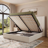 Yechen Bed Frame with Lift Up Storage, Corduroy Upholstered Platform Bed with 51.2" Tall Wingback Headboard, No Box Spring Needed | Beige