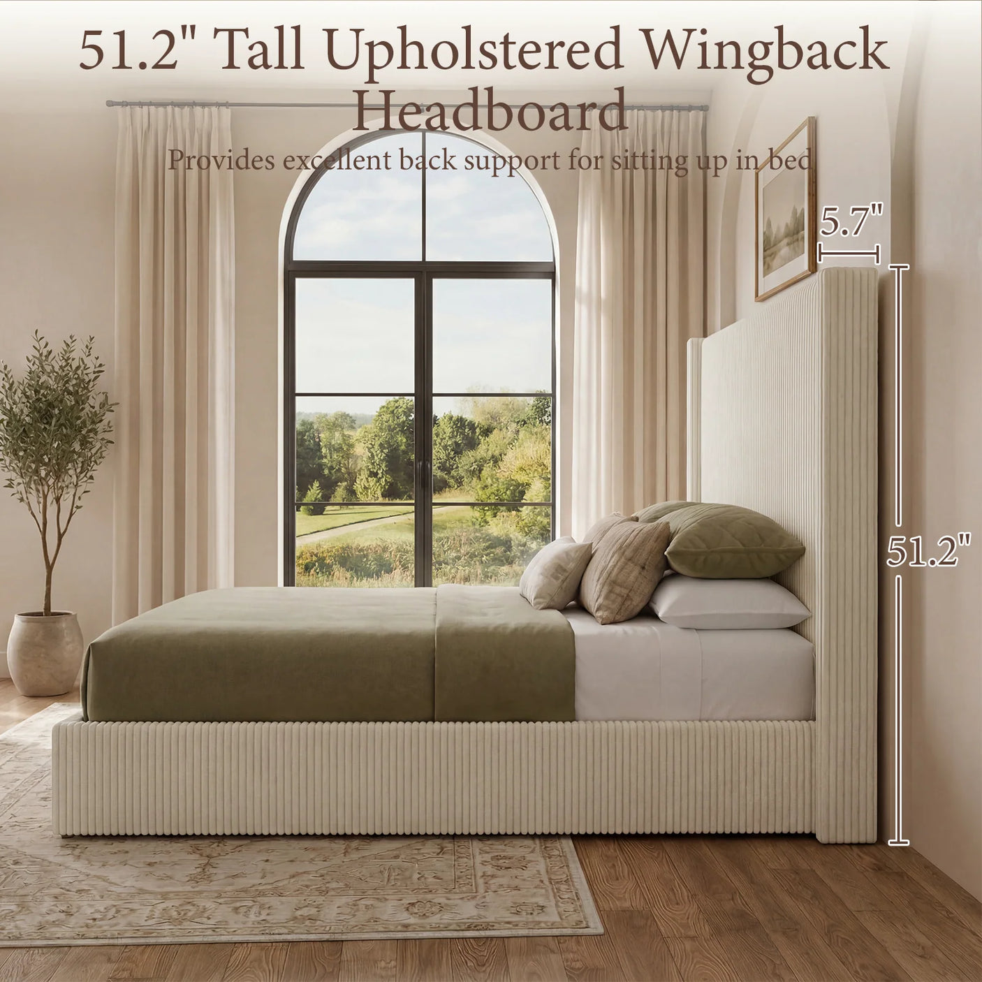 Yechen Bed Frame with Lift Up Storage, Corduroy Upholstered Platform Bed with 51.2" Tall Wingback Headboard, No Box Spring Needed | Beige