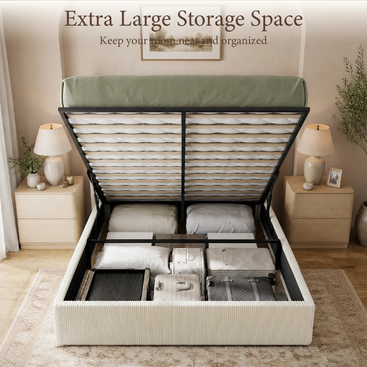 Yechen Bed Frame with Lift Up Storage, Corduroy Upholstered Platform Bed with 51.2" Tall Wingback Headboard, No Box Spring Needed | Beige