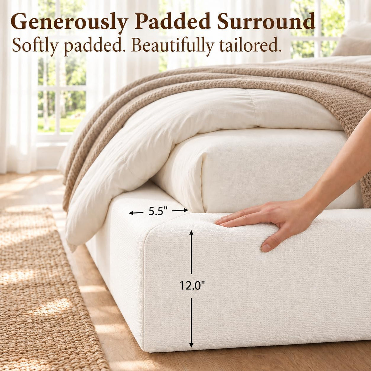 Yechen Cloud Bed Frame, Curved Button-Tufted Headboard, Soft Chenille Upholstered Platform Bed