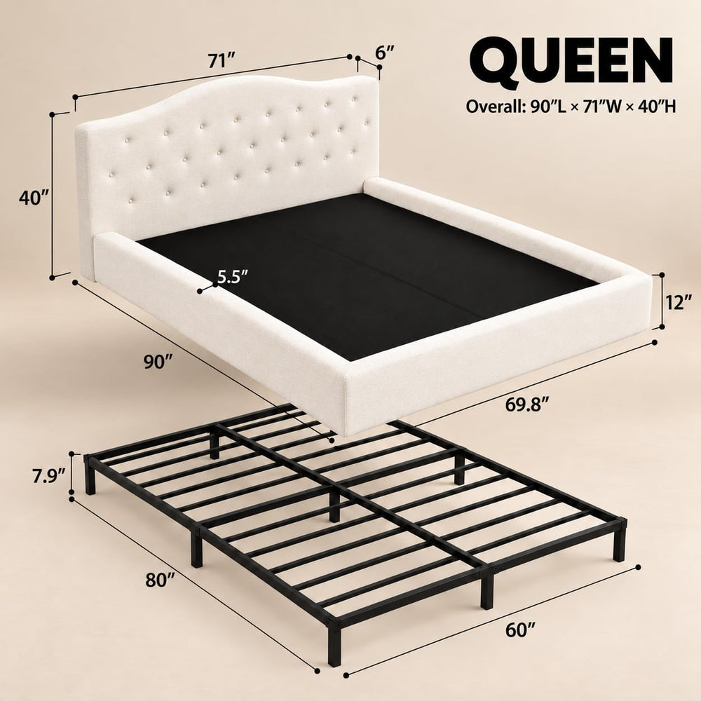 Yechen Cloud Bed Frame, Curved Button-Tufted Headboard, Soft Chenille Upholstered Platform Bed