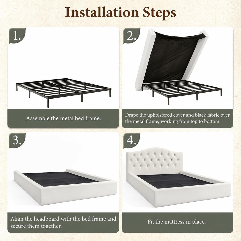 Yechen Cloud Bed Frame, Curved Button-Tufted Headboard, Soft Chenille Upholstered Platform Bed