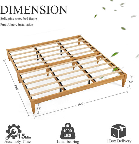 Japanese Joinery Solid Wood King Bed Frame with Turned Legs