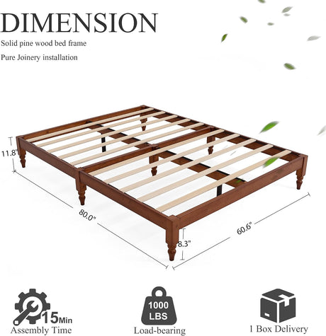 Japanese Joinery Solid Wood King Bed Frame with Turned Legs