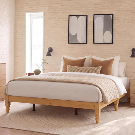  Japanese Joinery Solid Wood King Bed Frame with Turned Legs