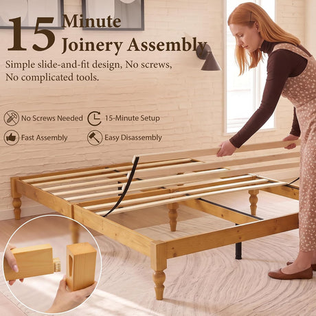 Japanese Joinery Solid Wood King Bed Frame with Turned Legs
