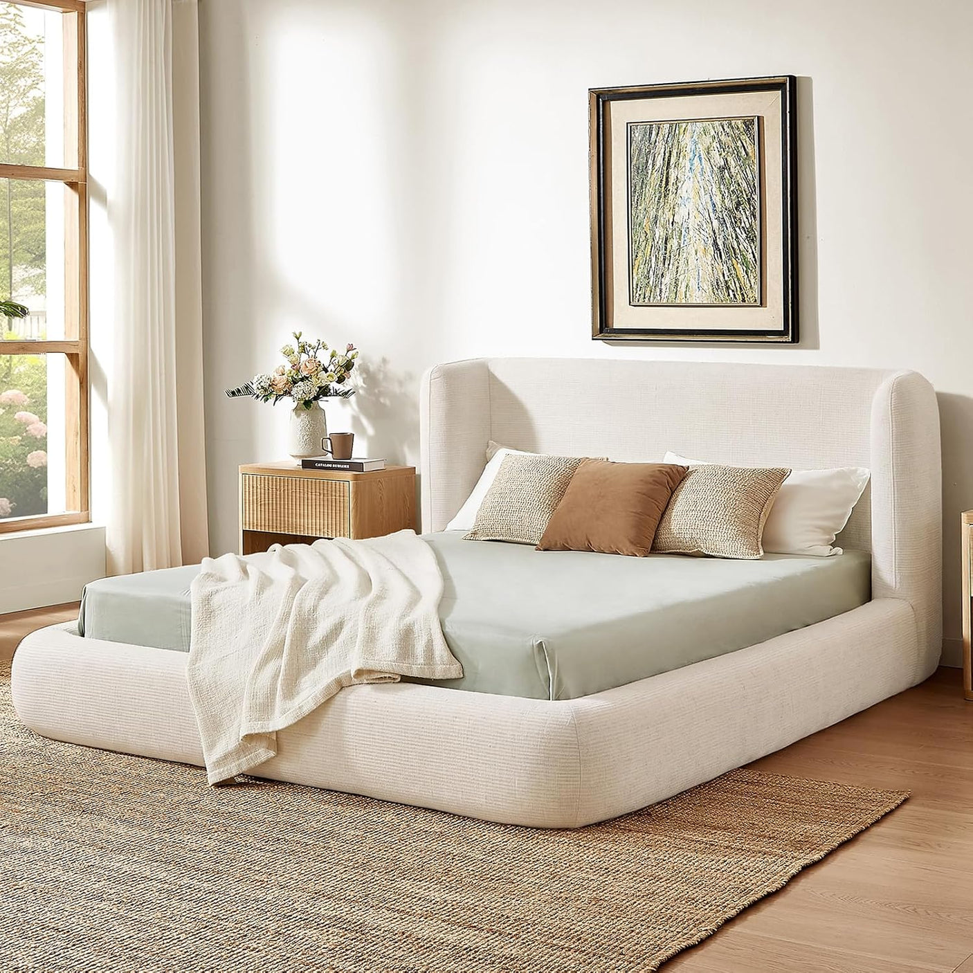 YECHEN Cloud Bed Frame - Upholstered Platform Bed, Tool-Free Assembly - Jordan Fnw Ivory (Queen/King)