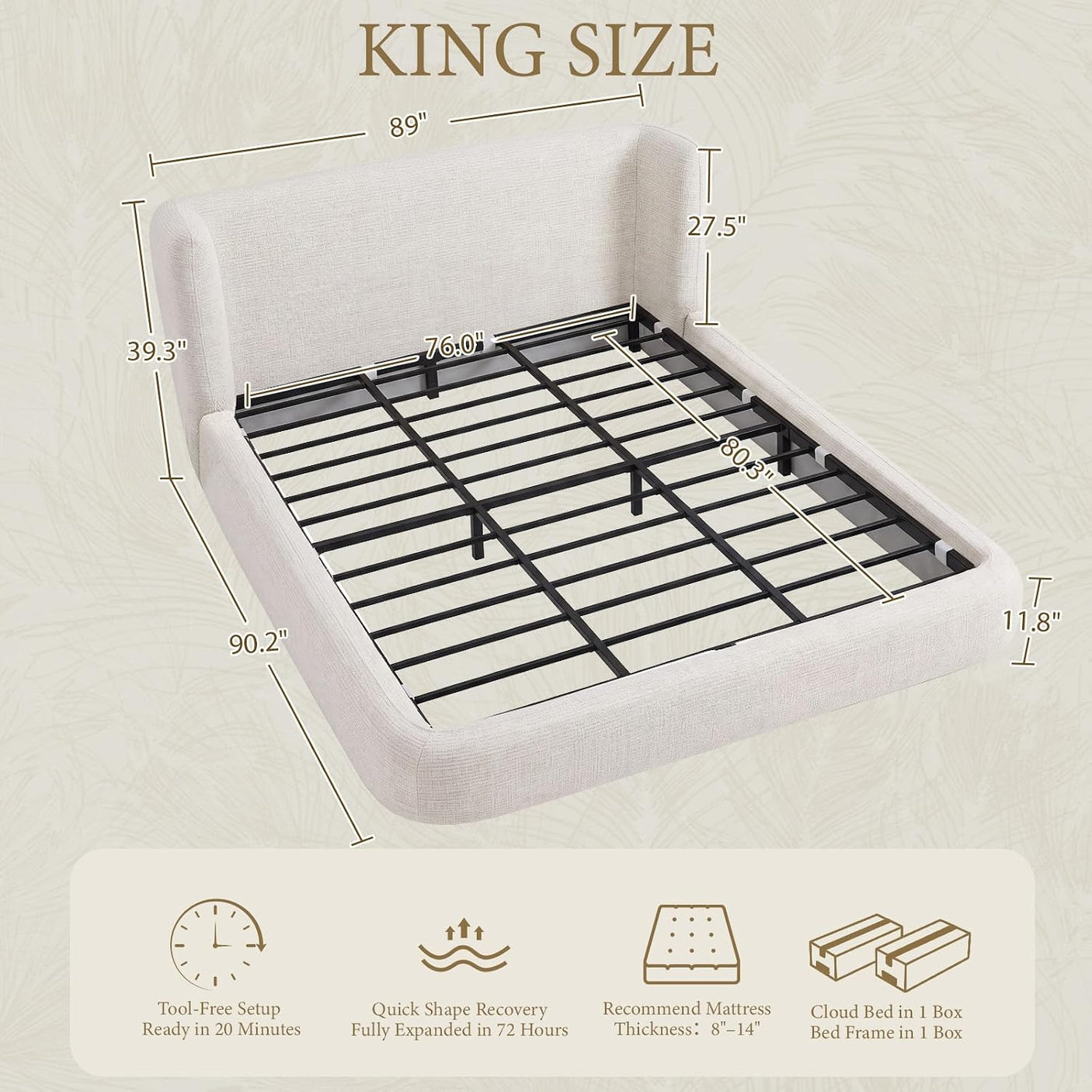 YECHEN Cloud Bed Frame - Upholstered Platform Bed, Tool-Free Assembly - Jordan Fnw Ivory (Queen/King)
