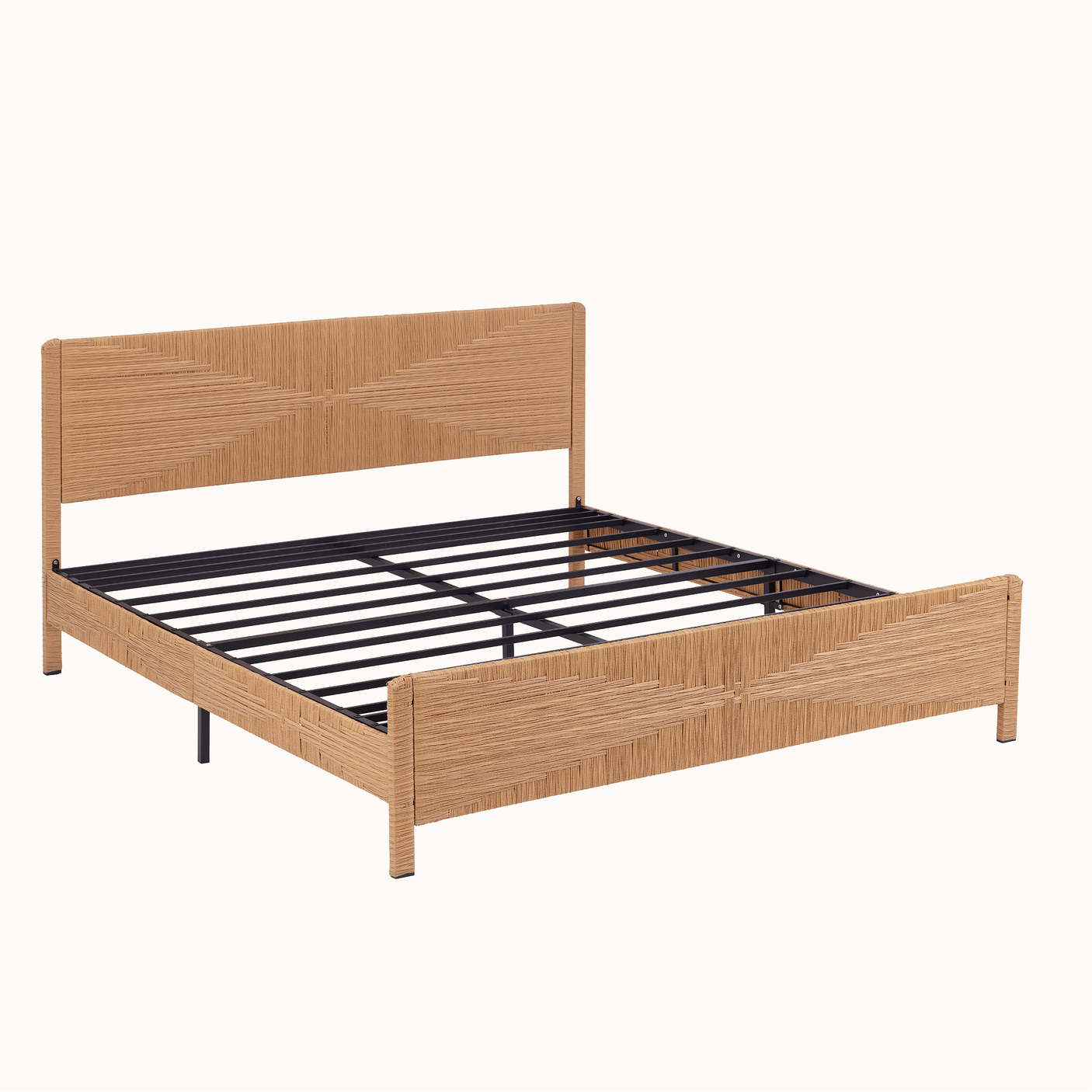 Bohemian Rattan Queen Bed Frame with Headboard and Footboard