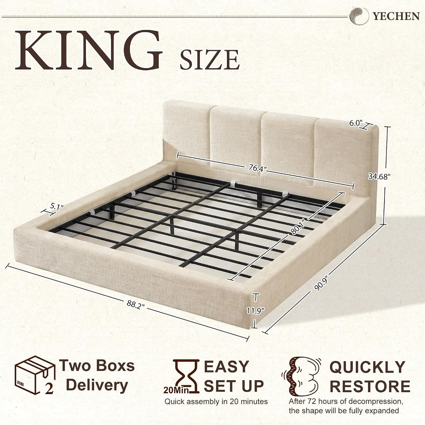 YECHEN Cloud Platform Bed – 20-Min Tool-Free Assembly, CULP® Performance Fabric & Stain-Resistant Cloud Frame