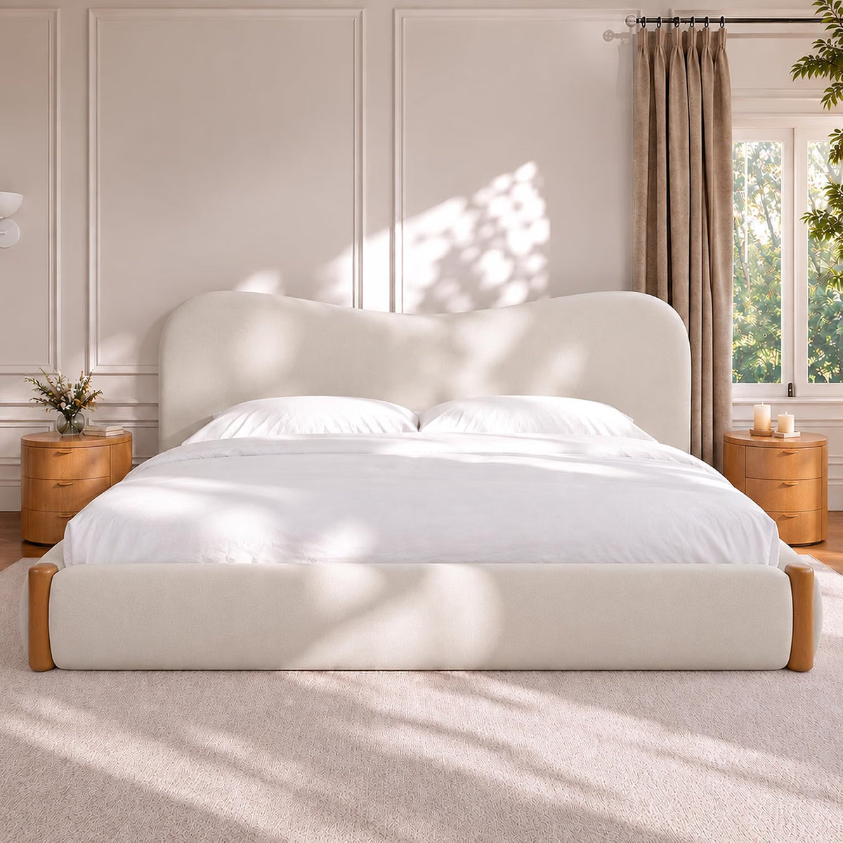 Cloud Bed Frame with Solid Wood Posts | 6-Inch Thick Headboard | 40.5" Tall Camelback Curved Headboard | Upholstered Platform Bed | Queen & King