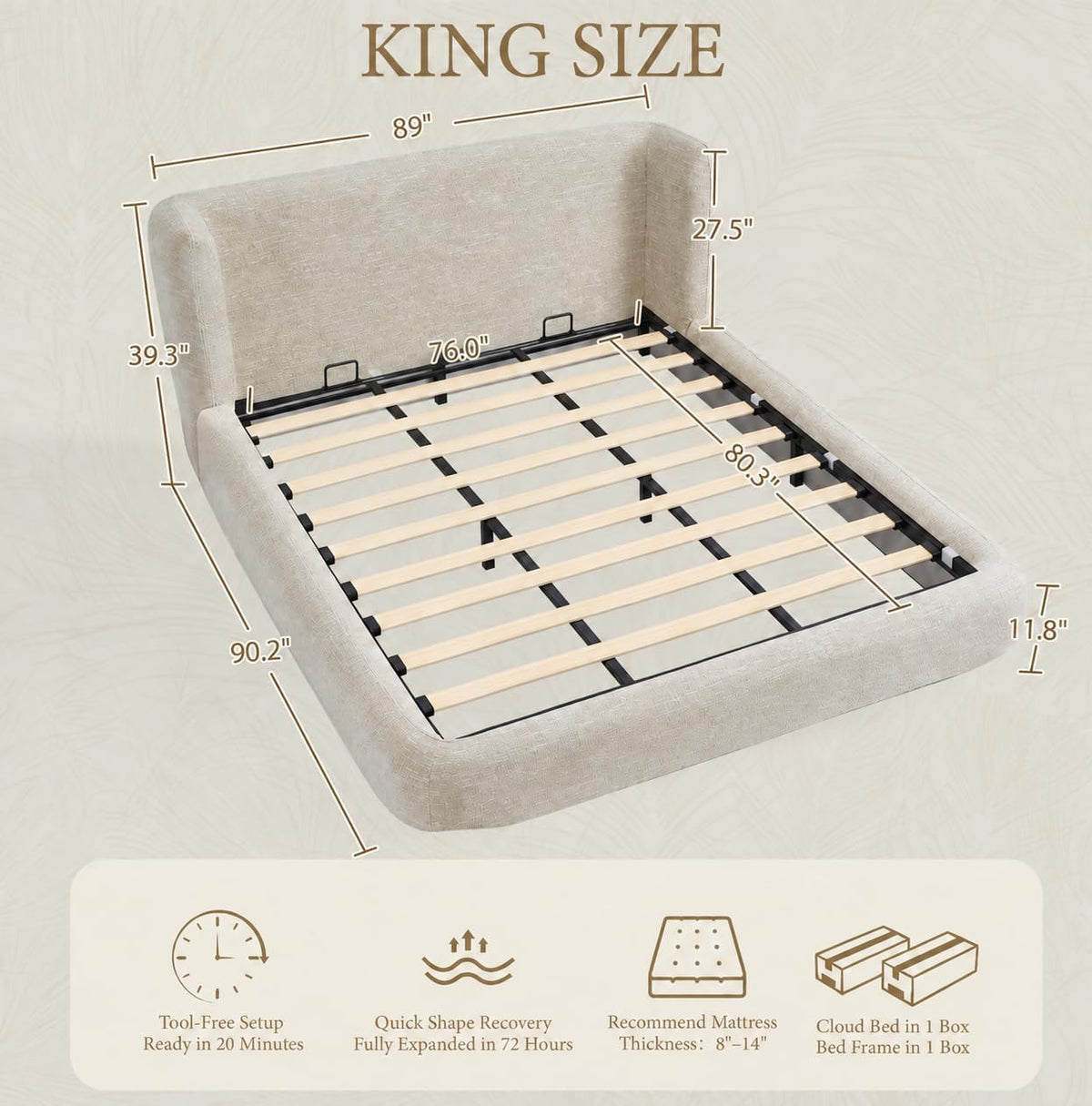 YECHEN Cloud Bed Frame - Modern Water-Resistant Bouclé Upholstered Platform Bed, Tool-Free Assembly, No Box Spring Needed
