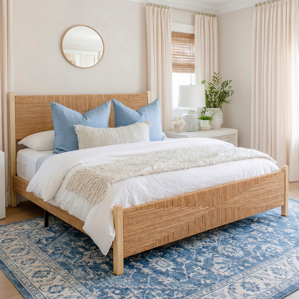 Solid Wood Rattan Bed Frame | Tall Headboard, Boho Mid-Century Style, No Box Spring Needed