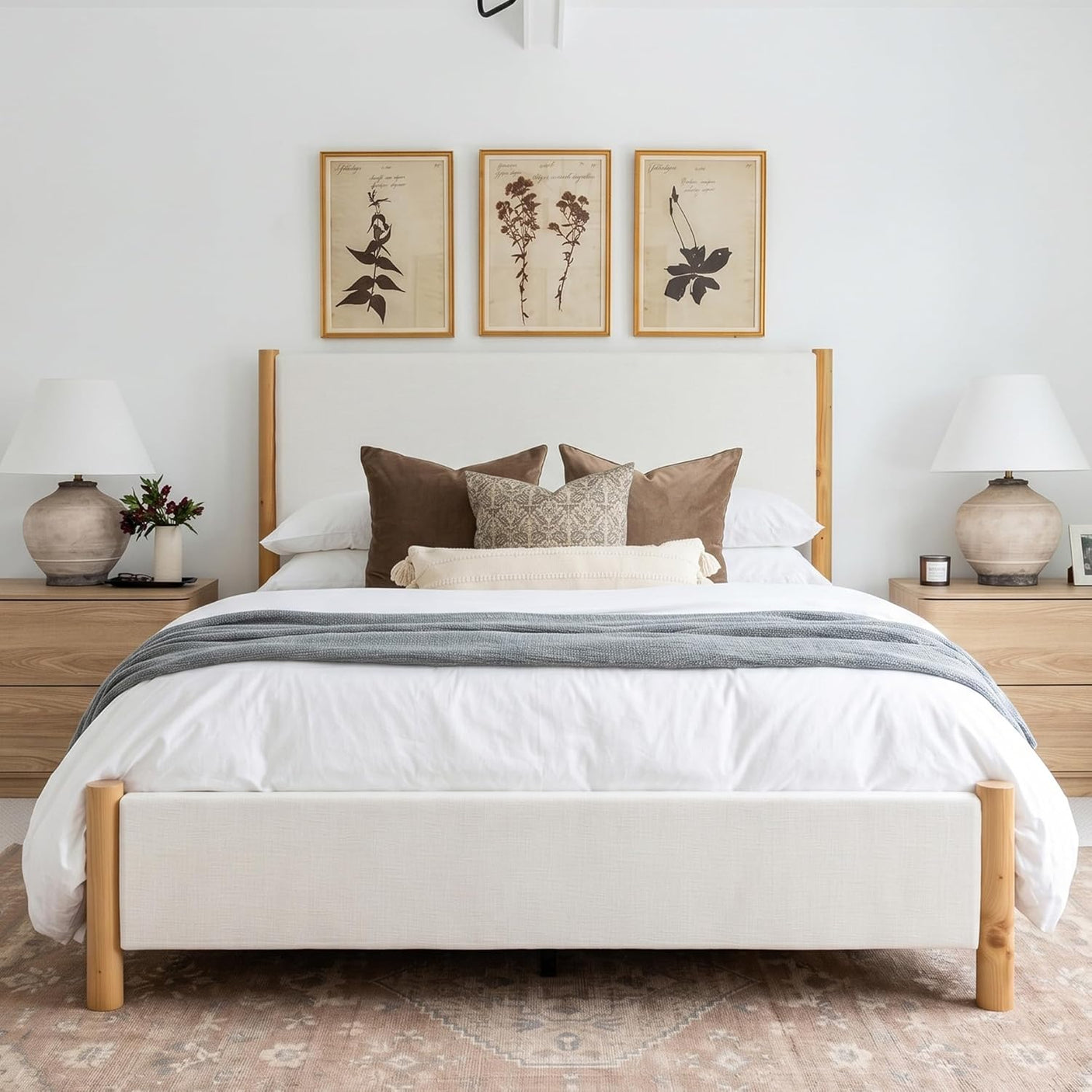 Yechen Platform Bed Frame with Chenille Headboard | FSC Pine Wood | Queen & King | White