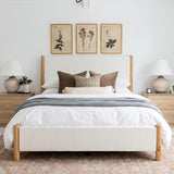 Yechen Platform Bed Frame with Chenille Headboard | FSC Pine Wood | Queen & King | White