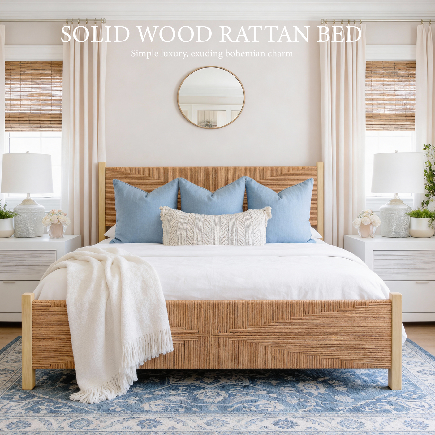 Yechen Solid Wood Rattan Bed Frame | Tall Headboard, Boho Mid-Century Style, No Box Spring Needed