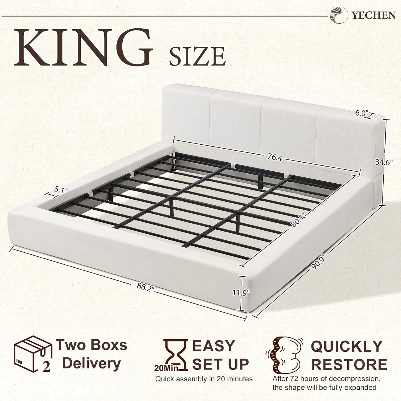 YECHEN Cloud Platform Bed – 20-Min Tool-Free Assembly, CULP® Performance Fabric & Stain-Resistant Cloud Frame