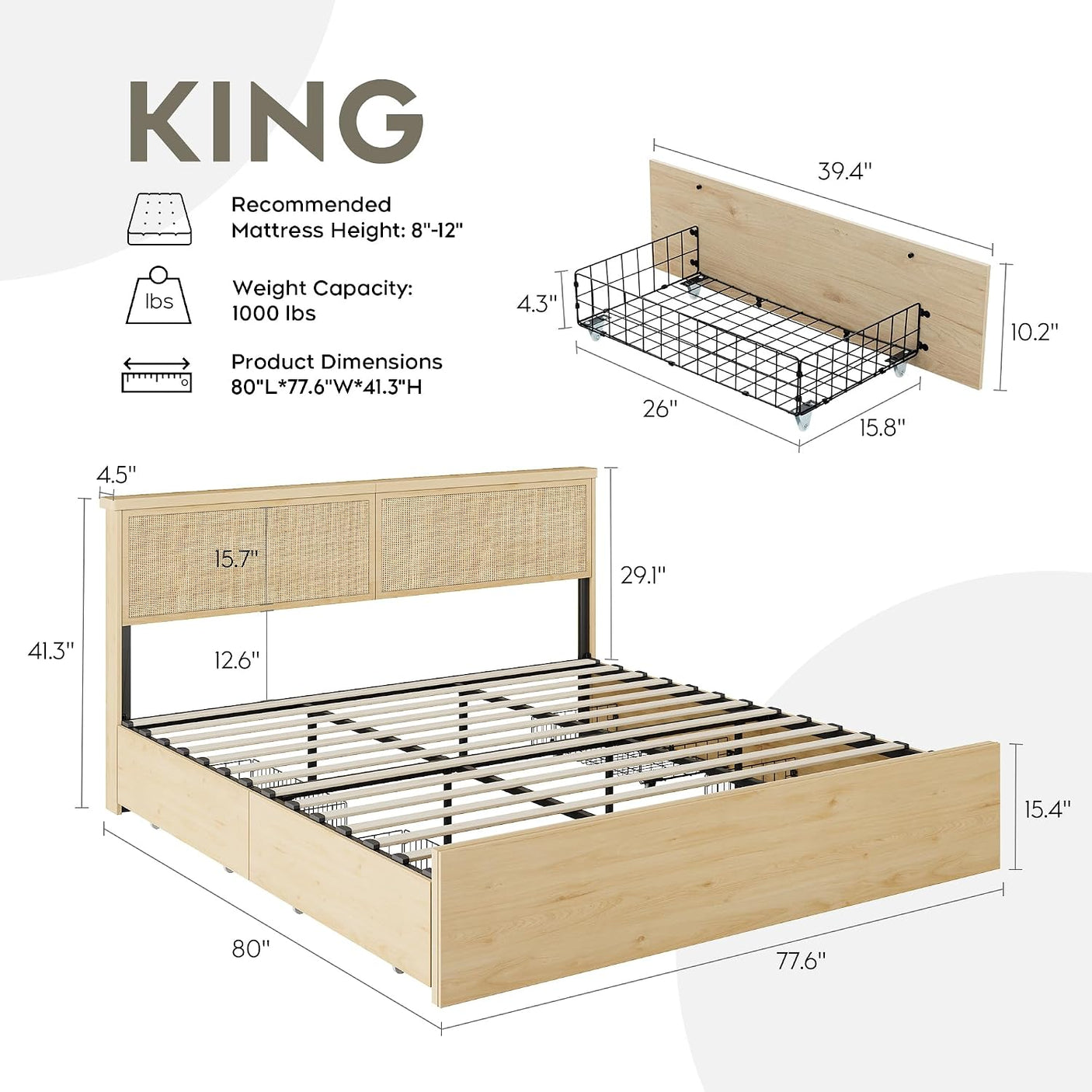 Boho Cane Wood Bed | Natural Rattan Headboard, 4 Storage Drawers, Light Oak Platform Frame