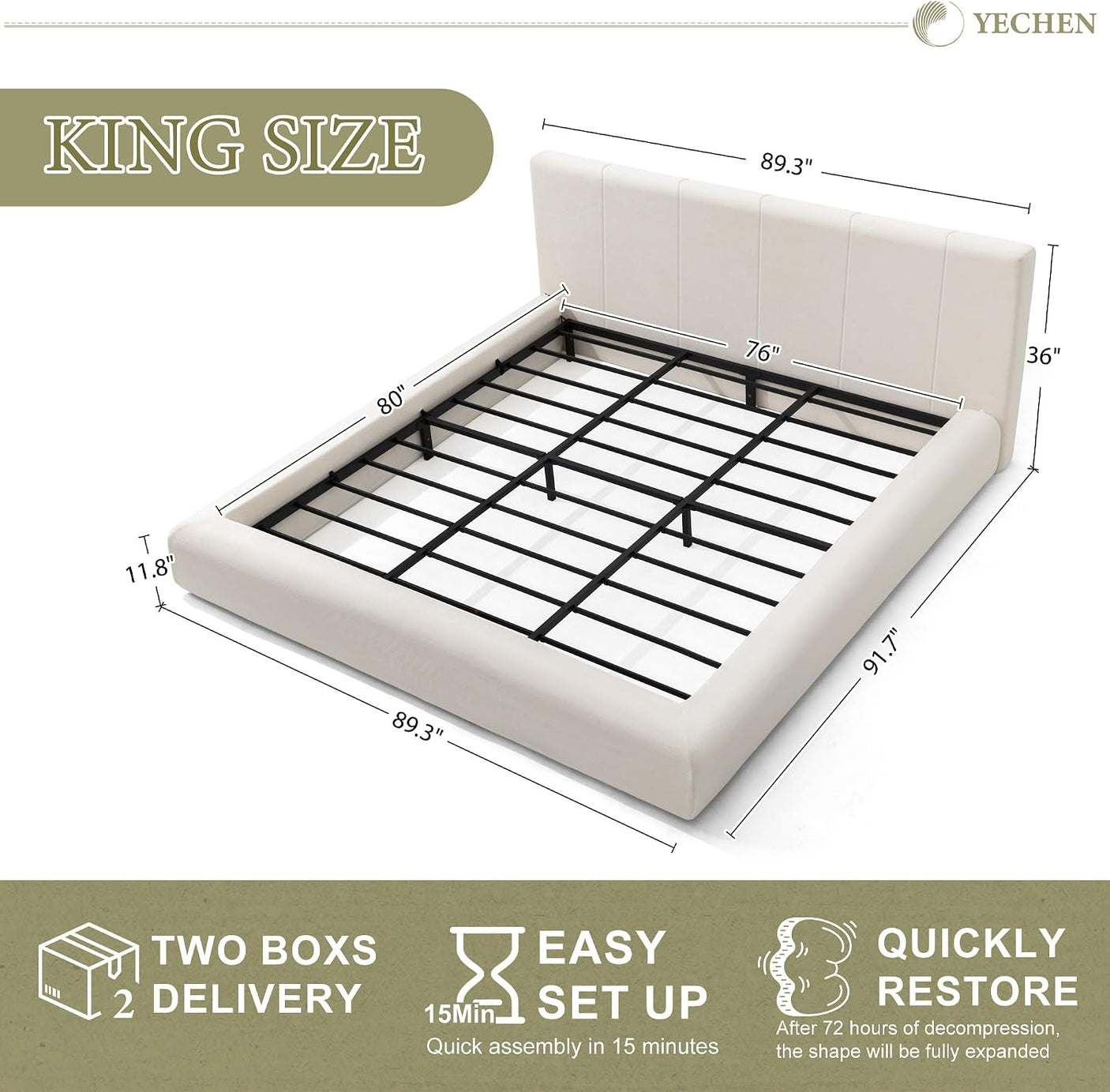 Cloud Bed Frame | Removable Washable Headboard | Boucle Upholstered Platform Bed | Queen & King
