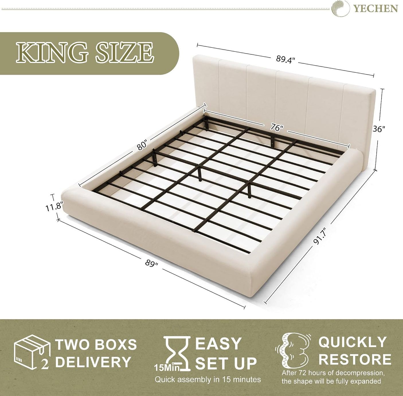 Cloud Bed Frame | Removable Washable Headboard | Boucle Upholstered Platform Bed | Queen & King