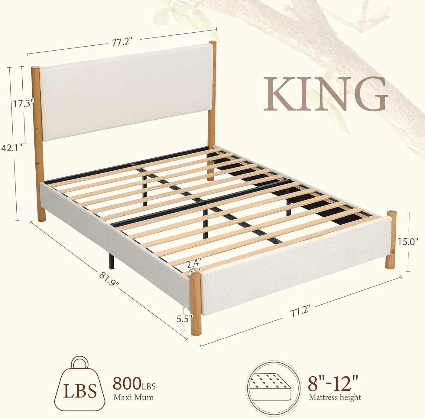 Yechen Platform Bed Frame with Chenille Headboard | FSC Pine Wood | Queen & King | White