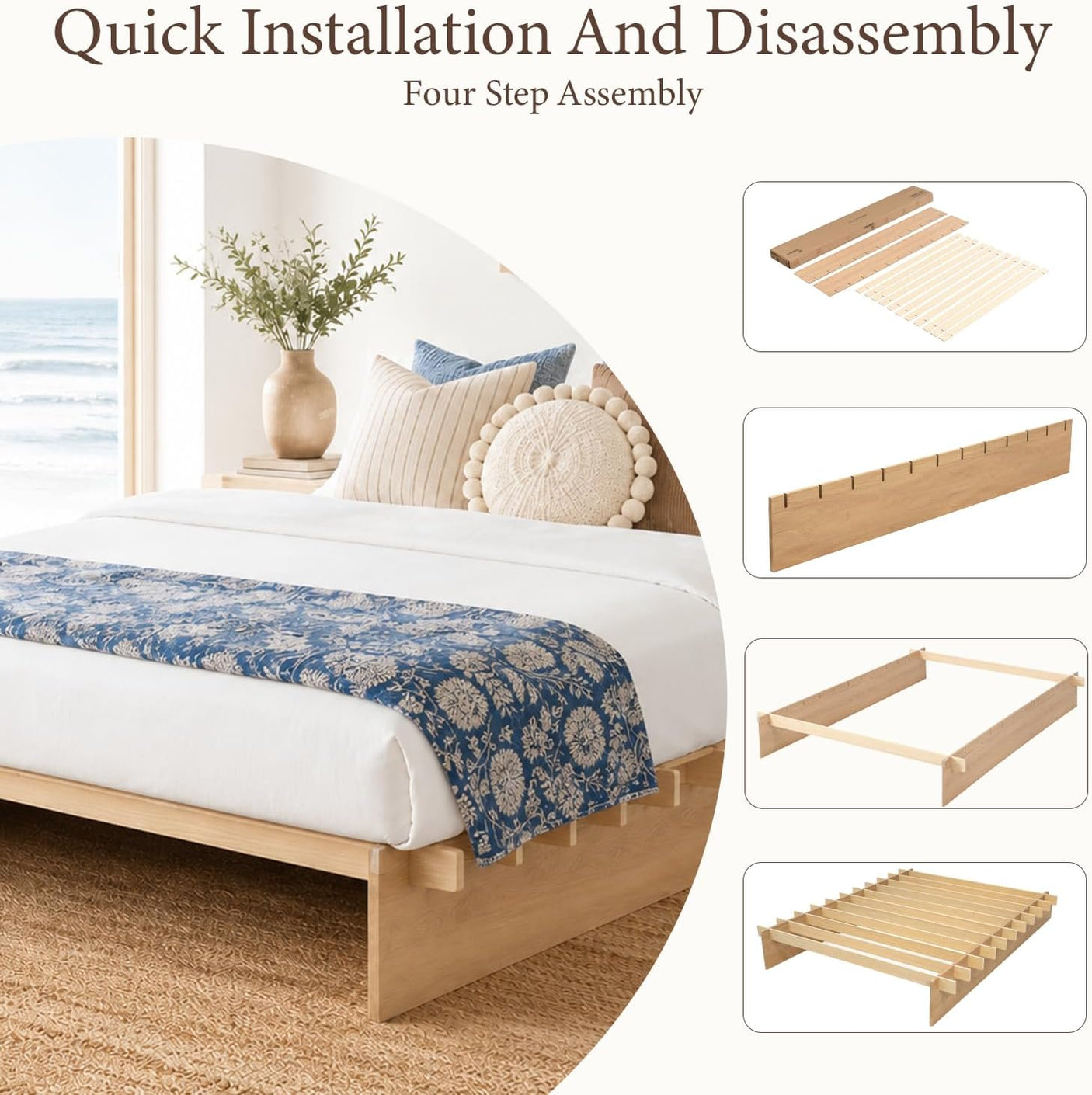 Yechen Solid Oak Platform Bed Frame | Dovetail & Mortise Tenon Joinery, Wooden Slats, No Box Spring Needed