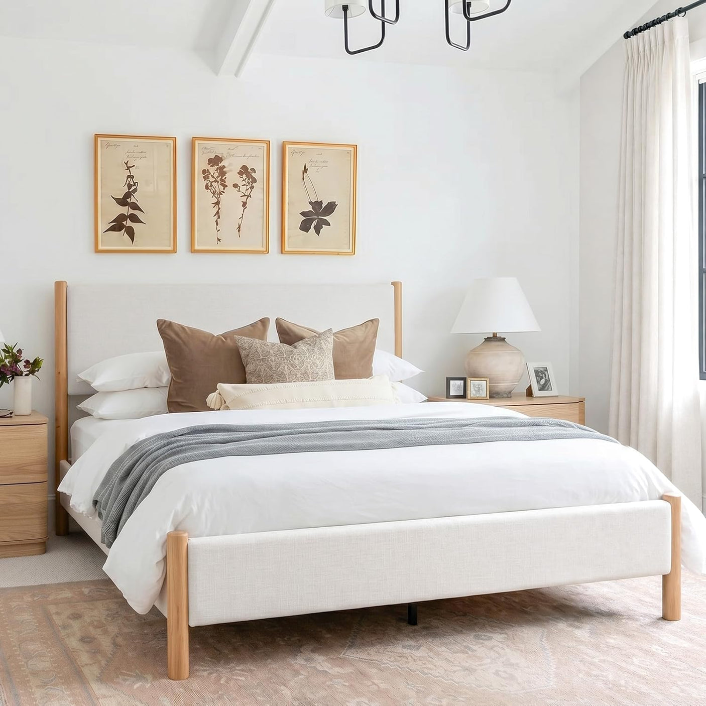 Yechen Platform Bed Frame with Chenille Headboard | FSC Pine Wood | Queen & King | White
