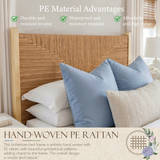 Yechen Solid Wood Rattan Bed Frame | Tall Headboard, Boho Mid-Century Style, No Box Spring Needed