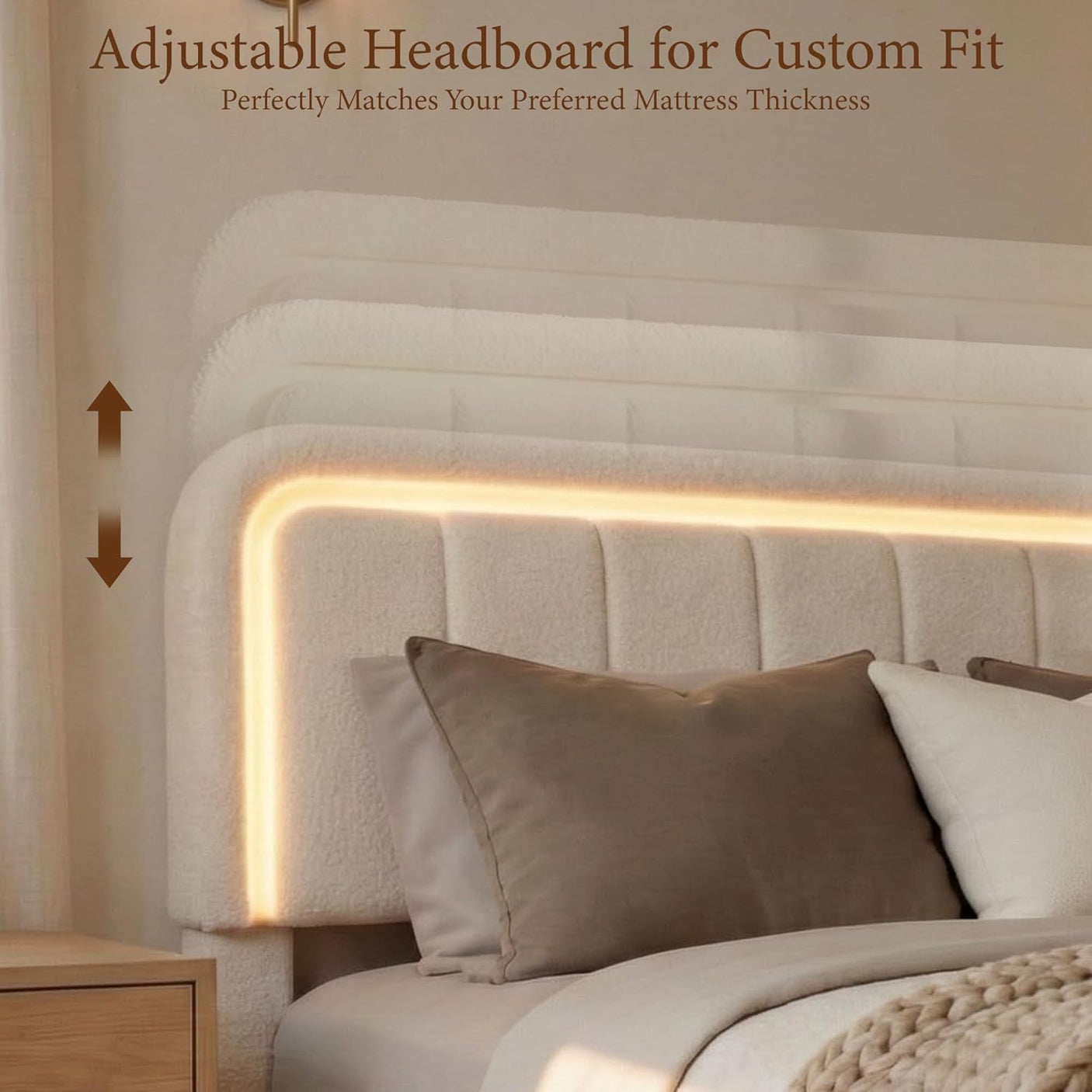 Yechen Luxe Bouclé Platform Bed Frame with Integrated Smart LED Lighting