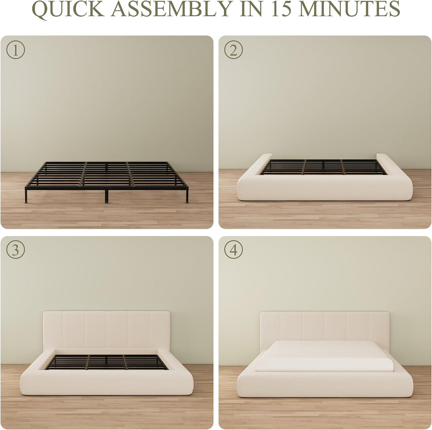 Cloud Bed Frame | Removable Washable Headboard | Boucle Upholstered Platform Bed | Queen & King