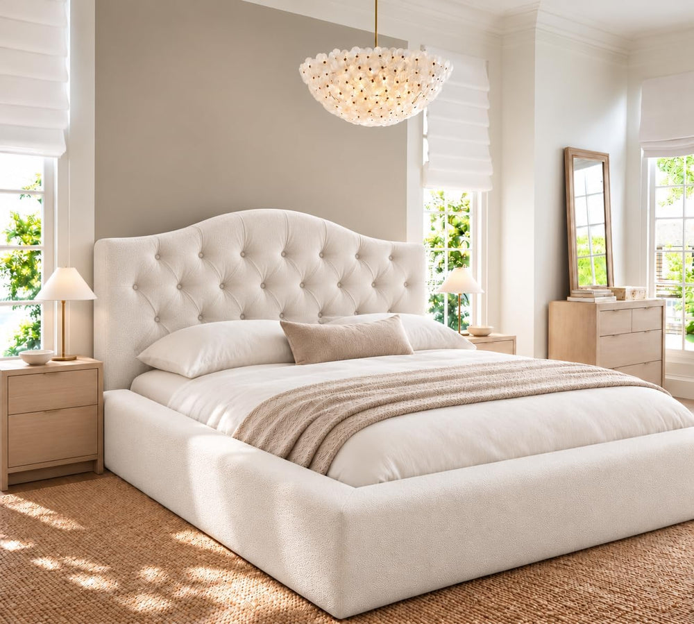 Yechen Cloud Bed Frame, Curved Button-Tufted Headboard, Soft Chenille Upholstered Platform Bed