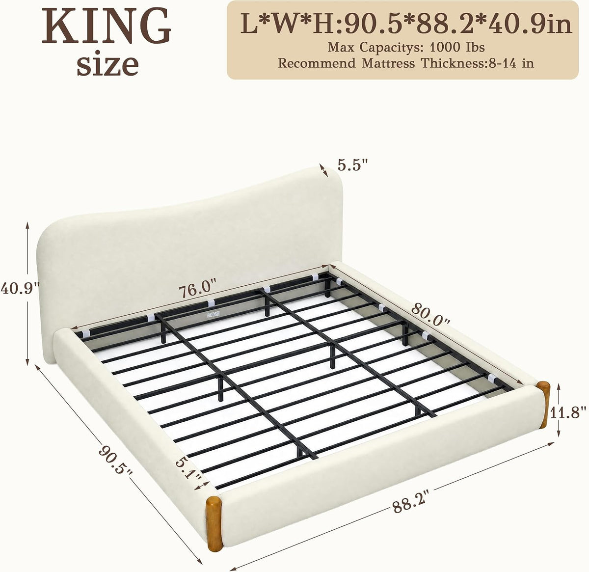 Cloud Bed Frame with Solid Wood Posts | 6-Inch Thick Headboard | 40.5" Tall Camelback Curved Headboard | Upholstered Platform Bed | Queen & King