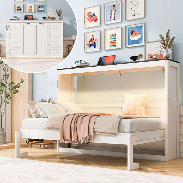 Twin Size Murphy Bed with LED Lights, Foldable Wall Bed Frame