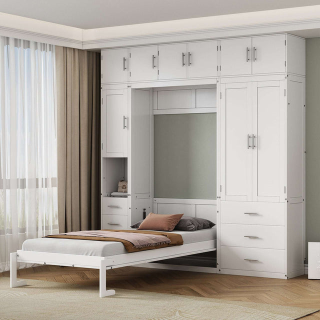 99''H Wood Murphy Bed Cabinet with Lockers and Storage Wardrobes Shelves